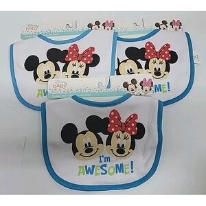 Mickey Minnie Mouse Terry Infant Baby‎ Bibs Blue I'm Awesome Lot of 3  NWT